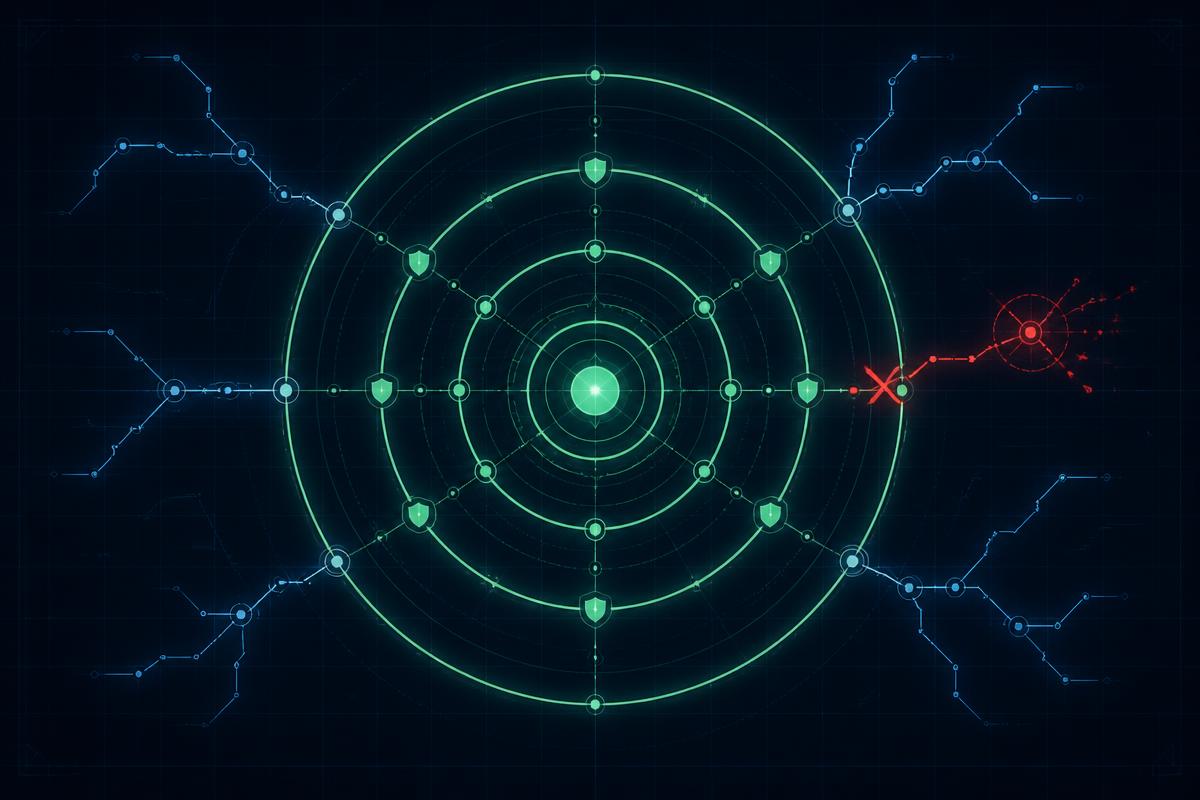 Concentric mint containment rings around a central agent node, with one outbound path blocked in red