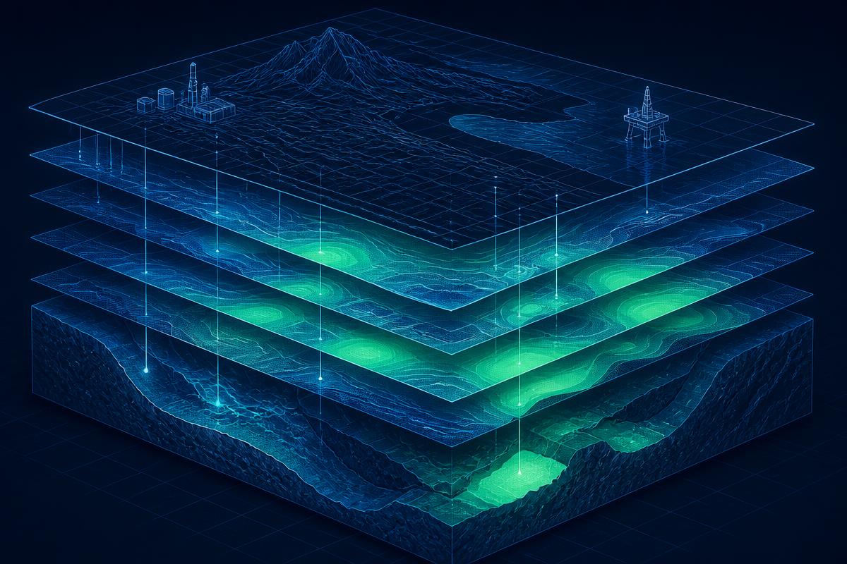 Layered isometric data strata with sensitivity heat bands glowing from steel blue to mint