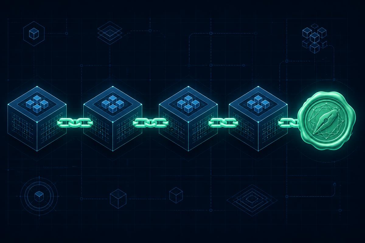 A chain of hash-linked isometric evidence blocks ending in a glowing cryptographic signature seal