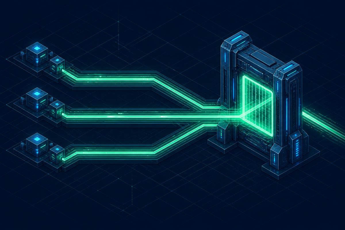 Three parallel luminous deployment routes converging into a single enforcement gate