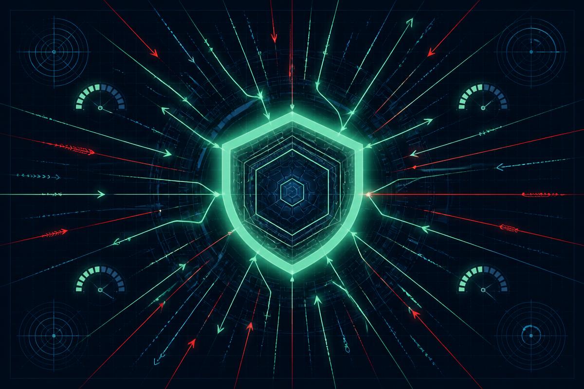 An array of attack vectors converging on a shielded hexagonal core, with scoring gauges around it