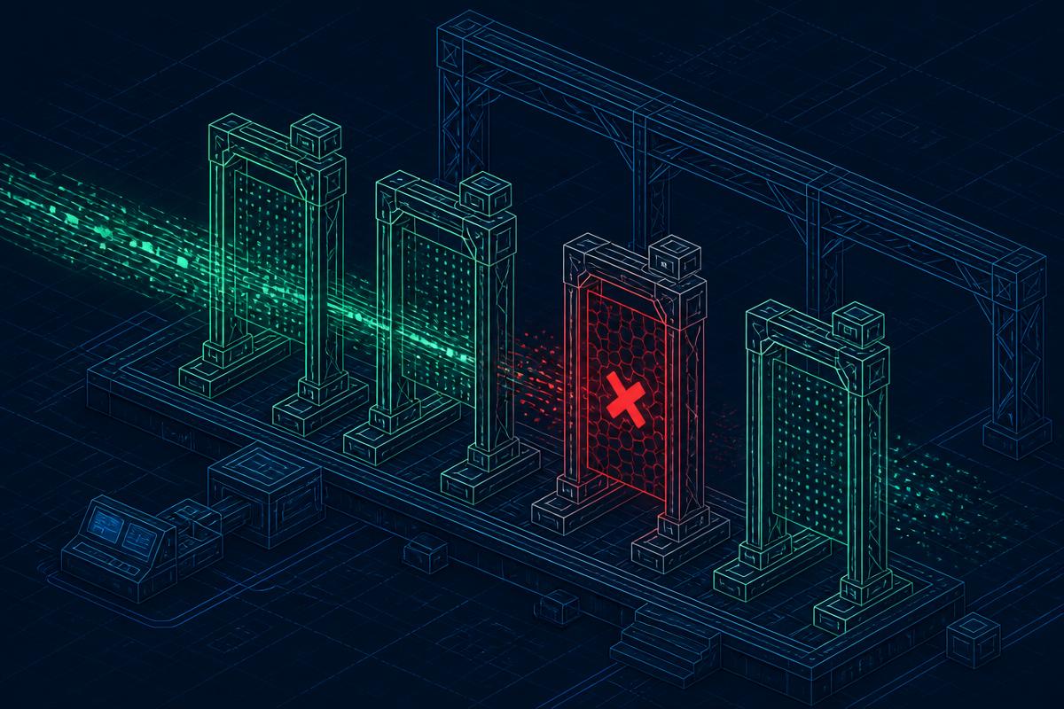 A prompt data stream passing through four sequential enforcement gates, the third gate glowing red and blocking flow